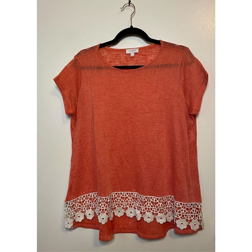 🔴 Umgee size S coral Boho crotchet hem cotton short sleeve blouse